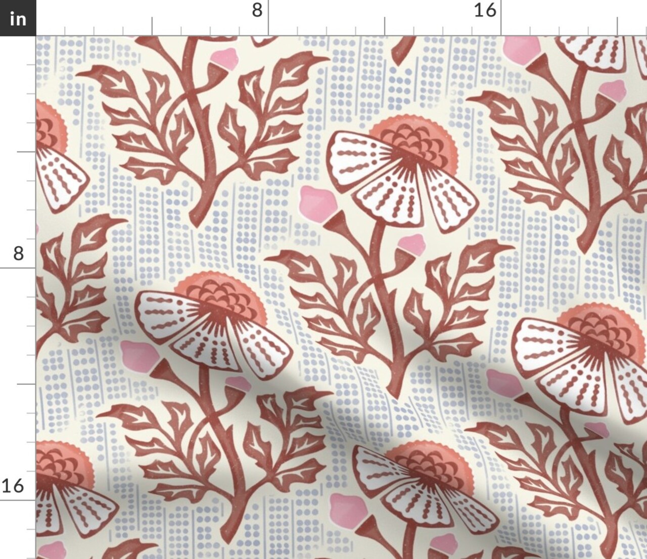 Rustic Floral Traditional Japandi Boho Block Print Hand Stamped Custom Printed Fabric by Spoonflower Various Fabrics by the Yard or Fat Quarter